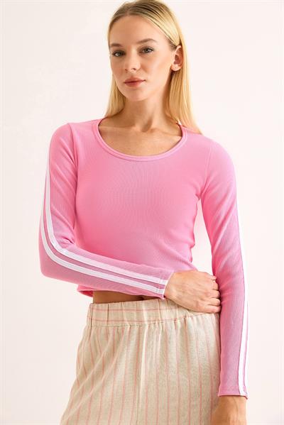 Kadın Kolları Şerit Çizgili  Bluz Pembe