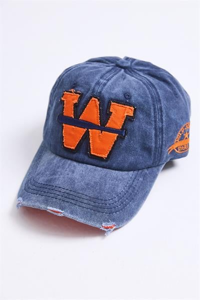 Kot Yıkamalı W Nakışlı Şapka Lacivert