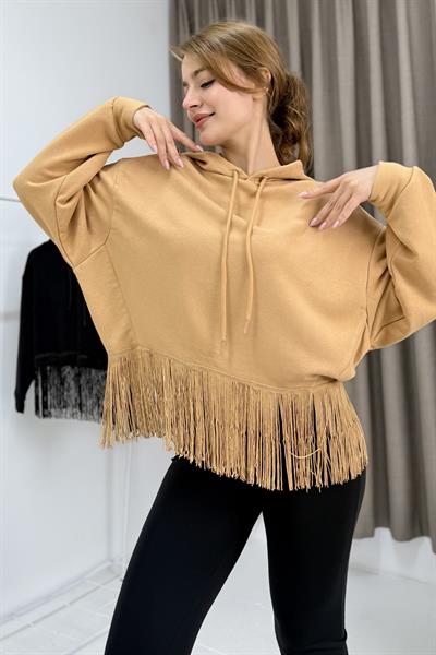 Kadın İp Saçaklı Kapuşonlu Sweatshirt Vizon