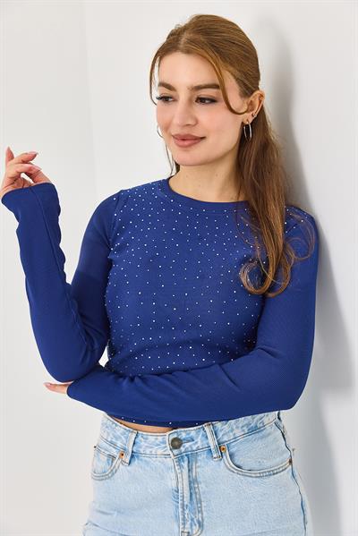 Kadın Ottoman Bisiklet Yaka Taşlı Bluz Lacivert