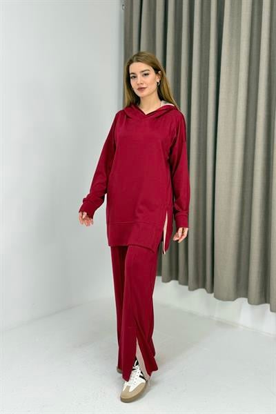 Kadın Paça Detaylı Kapüşonlu Oversize Eşofman Takım Kırmızı