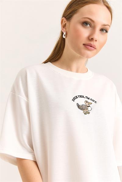 Duck Nakışlı Oversize İki İplik Tshirt Ekru