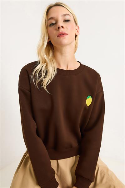 Limon Nakışlı Üç İplik Swetshirt Kahverengi