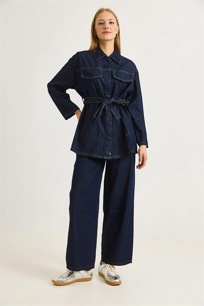 Kadın Kuşaklı  Kot Ceket ve Pantalon Takım Lacivert