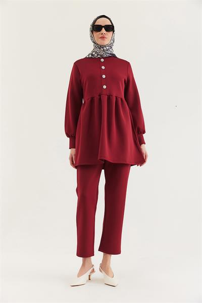 Taş Düğmeli Scuba İkili Takım Bordo