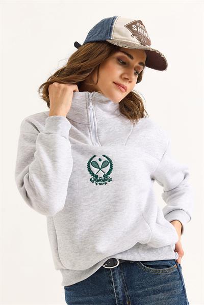 Kadın Dik Yaka Fermuarlı Roket Baskılı Sweatshirt Gri