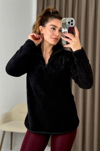 Kadın Yarım Fermuarlı  Welsoft Peluş Siyah Sweatshirt 