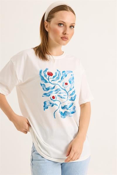 Yumuşak Dokulu Etnik Baskılı Fit Tshirt Beyaz