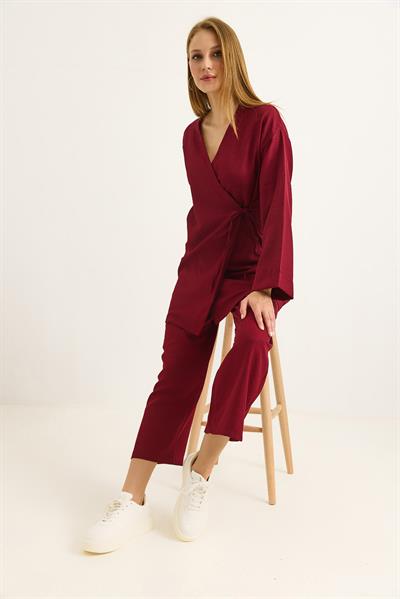 Yandan Bağlamalı Kimono Pantolon İkili Takım Bordo