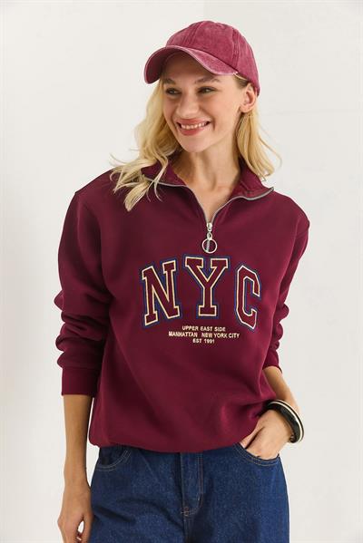 Nyc Nakışlı Fermuar Detaylı Dik Yaka Oversize Sweatshirt Bordo