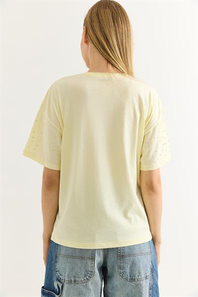 Taş Detaylı Rahat Kalıp Premium Pamuk Tshirt Sarı
