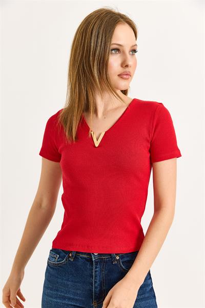 Yaka V detay Kısa Kol Kaşkorse Kırmızı 