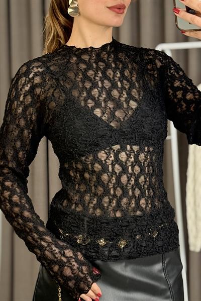 Kadın Bisiklet Yaka Dantel Transparan Bluz Siyah