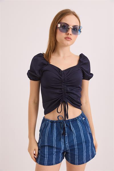 Desenli Prenses Kol Önden Büzgülü Bluz Lacivert