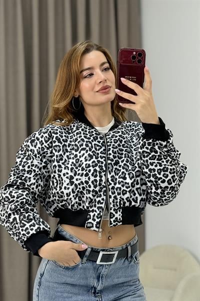 Leopar Desen Crop Şişme Mont Gri 