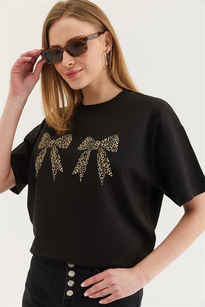 KKurdele Baskı Detaylı Basic Tshirt Siyah