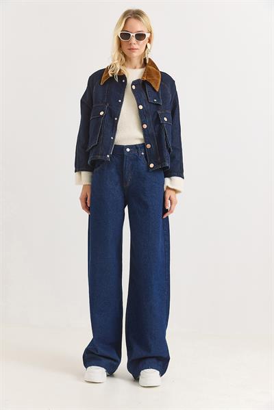 Kadın Bol Kesik Paça Şık Kot Pantalon  Lacivert
