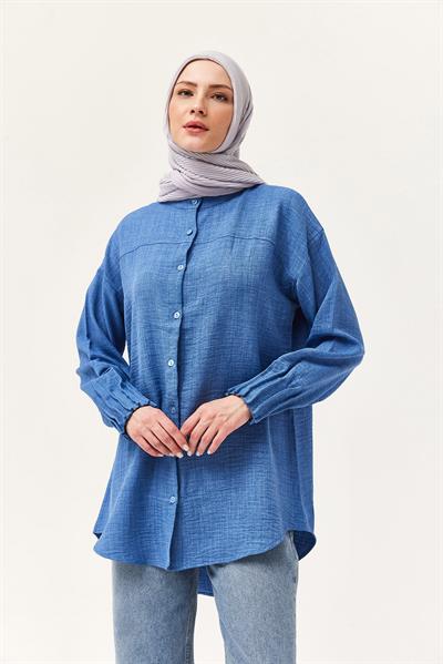 Keten Kumaş Kol Nervül Detaylı Gömlek Tunik Mavi