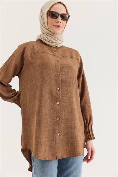 Keten Kumaş Kol Nervül Detaylı Gömlek Tunik Vizon