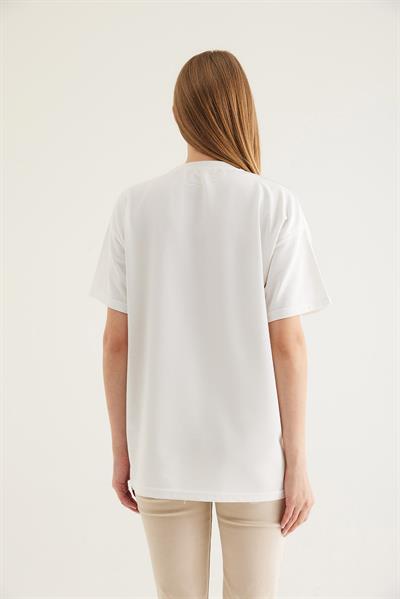 Kurdele Baskı Detaylı Basic Tshirt Beyaz