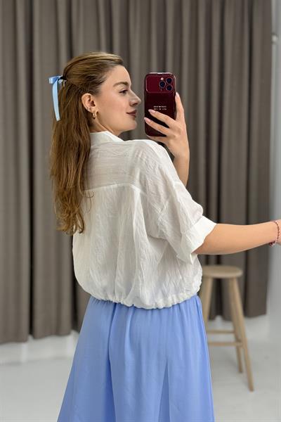 Kadın Beli Büzgülü Crop Bol Kesim Gömlek Beyaz