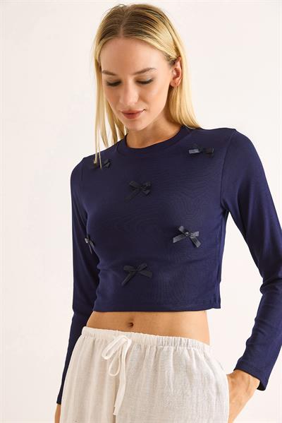 Kadın Kurdeleli Uzun Kollu Crop Bluz Lacivert