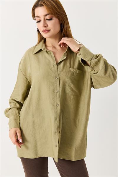 Kadın Oversize Müslin Kumaş Basic Gömlek Açık Haki