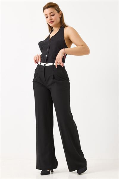 Kadın Yüksek Bel Cepli Bol Paça Pileli Palazzo Kumaş Pantolon Siyah