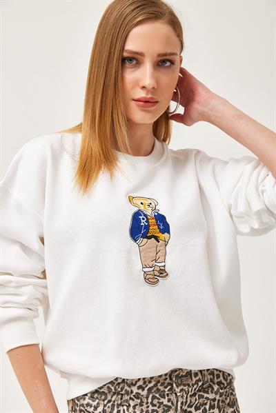 Oversize Nakışlı Sweatshirt Beyaz