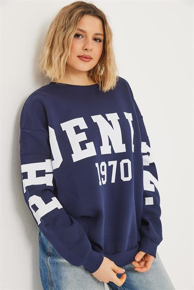 Üç İplik Baskılı Kapüşonlu Sweatshirt Lacivert