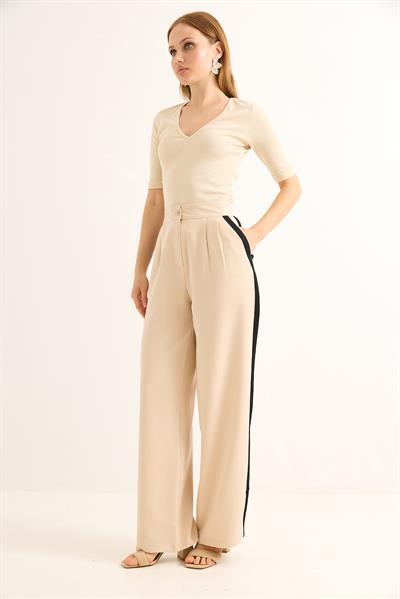 Yanları Şeritli Yüksel Bel Palazzo Pantolon Bej