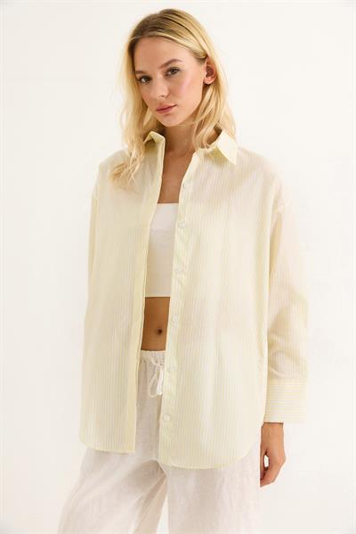 Çizgi Desenli  Rahat Kesim Kadın Gömlek  Sarı