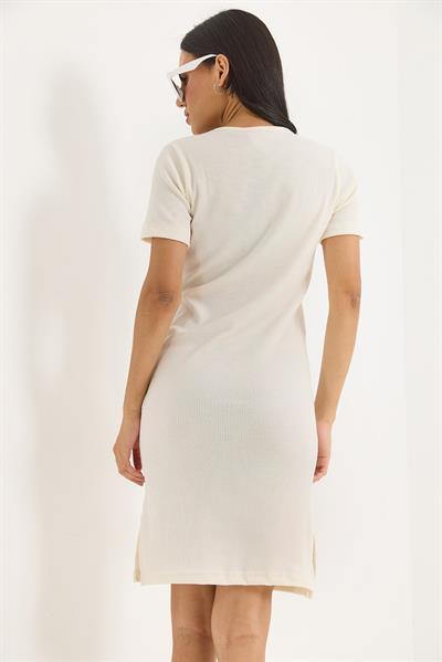 Kısa Kol Bisiklet Yaka Yırtmaç Detaylı Midi Elbise Beyaz