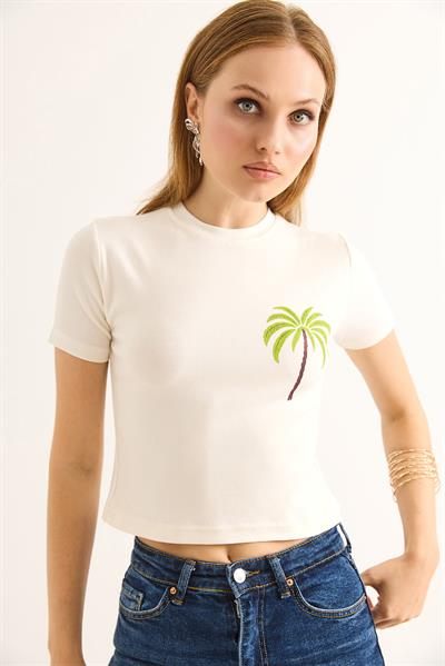 Bisiklet Yaka Kısa Kol Crop Bluz Krem