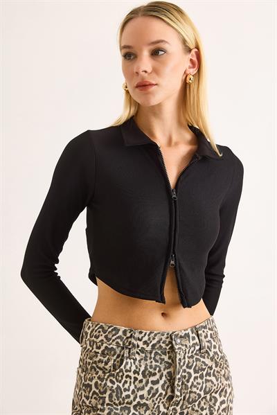 Kadın Polo Yaka Fermuarlı  Fitilli Kaşkorse Crop Siyah