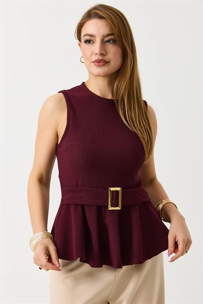 Kadın Toka Detaylı Kaşkorse Bisiklet Yaka Bluz Bordo