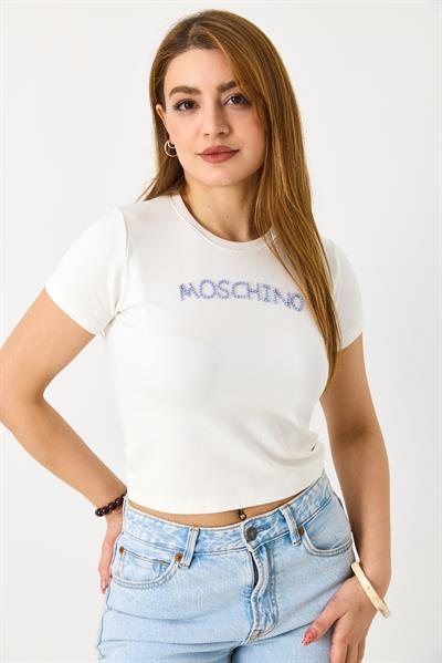 Kadın Taş Baskı Detaylı Crop Bluz Beyaz