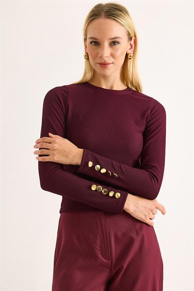 Kadın Kolları Düğme Detaylı Şık  Bluz Bordo