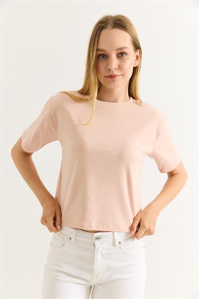 Vatkalı Bisiklet Yaka Basic Tshirt Pudra