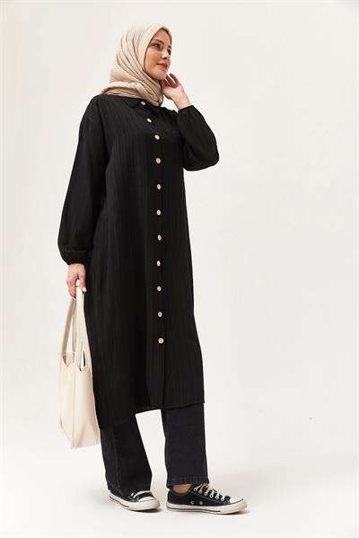 Keten Düğmeli Uzun Tesettür Tunik Siyah
