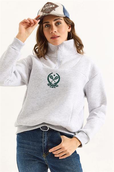 Kadın Dik Yaka Fermuarlı Roket Baskılı Sweatshirt Gri