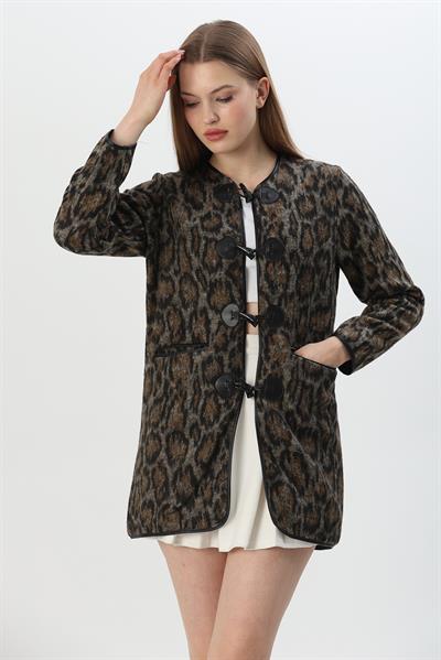 Deri Biyeli Leopar Desen Ceket