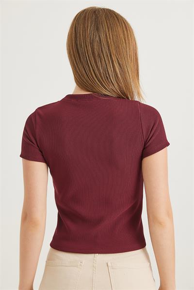 Yıldız Detaylı Fitilli Kısa Kollu Crop Bluz Bordo