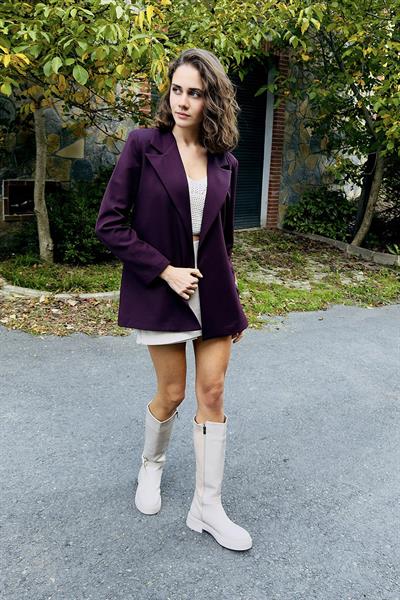 Kadın Arkası İnce Kuşak Bağlamalı  Modern Klasik Blazer Ceket Mürdüm