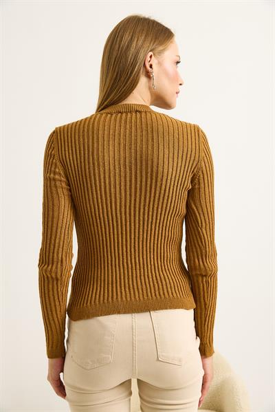 Bisiklet Yaka Triko Örme Bluz Taba