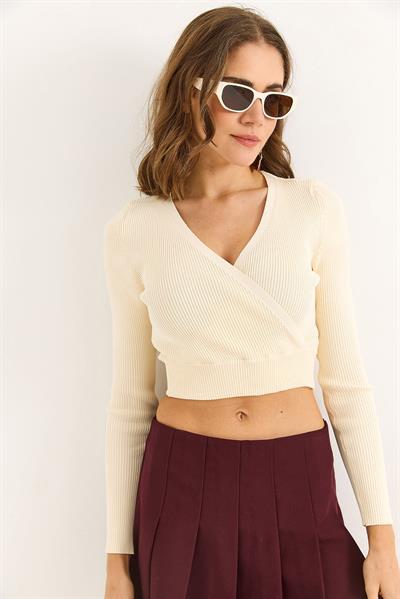 Kadın Kruvaze Yaka Uzun Kollu Şık Crop Triko Bluz Bej