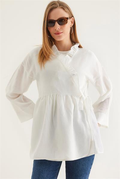 Yandan Bağlamalı Yakası Fırfırlı Kimono Beyaz