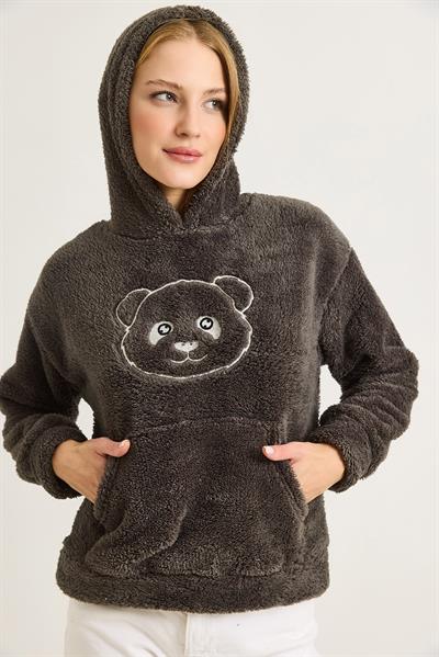 Kadın Kapüşonlu Nakış İşlemeli Peluş Sweatshirt  Füme