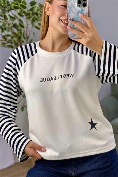 Kadın Kolları Çizgili Yıldız Baskılı Bisiklet Yaka Tshirt Lacivert