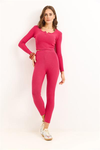 Kadın Esnek Tayt Crop Takım Pembe